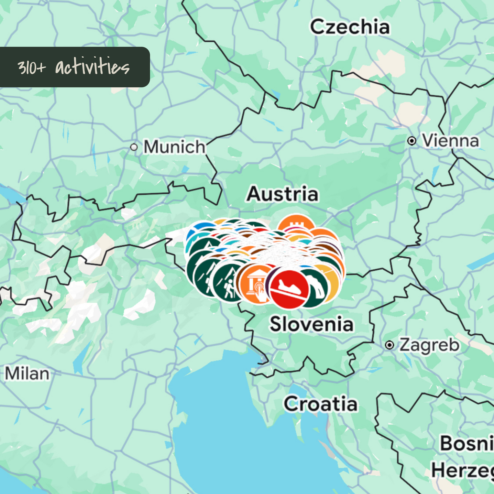 Google Map of 310+ kid-friendly activities in Carinthia, Austria. Product tile of KidsTravelAdventures.
