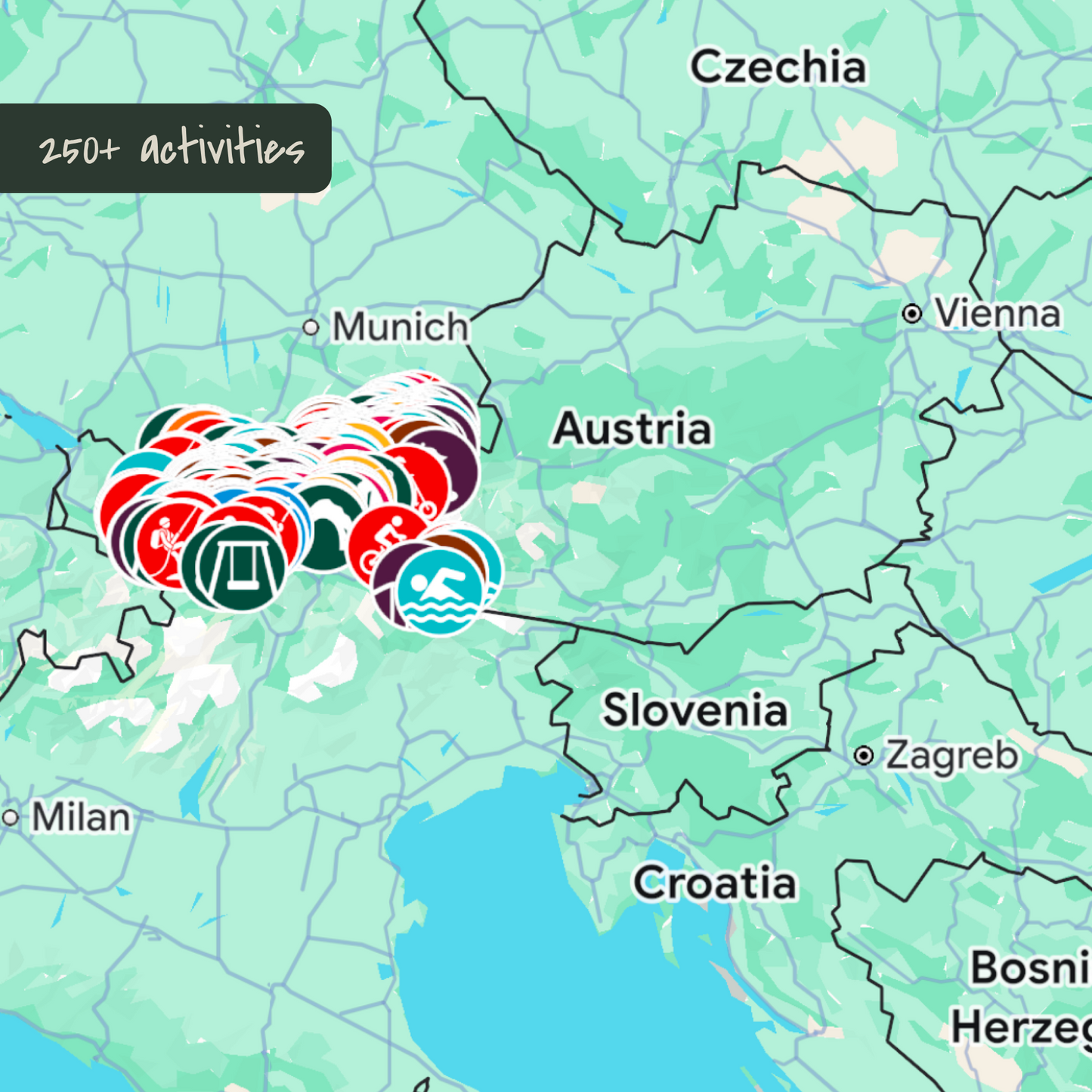 Google Map of 250+ kid-friendly activities in Tirol, Austria. Product tile of KidsTravelAdventures.