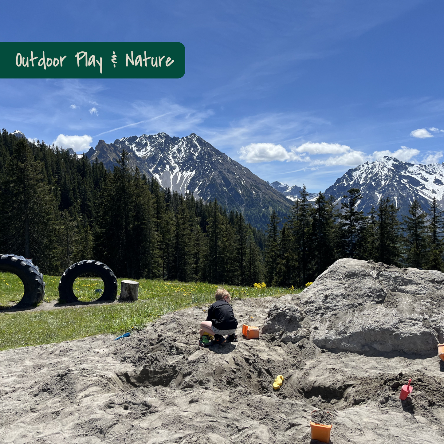 Child playing on Nature Playground on mountain in Vorarlberg, Austria. Picture of KidsTravelAdventures.