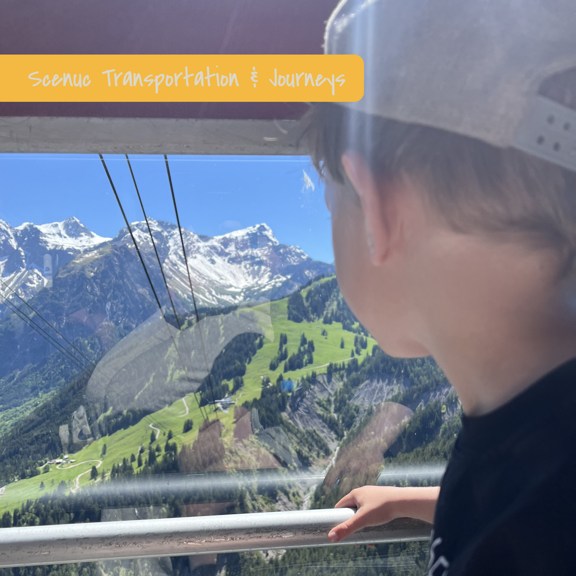 Child looking at scenic mountains from gondola in Vorarlberg, Austria. Picture of KidsTravelAdventures.